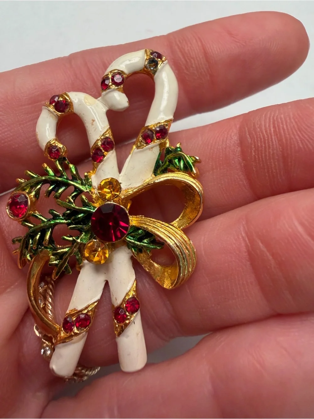 Vintage Festive Candy Cane Brooch with Red Crystals and Gold Accents